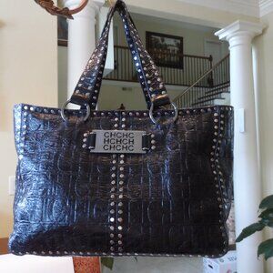 Carolina Herrera Studded Black CH Embosed Patent Leather Tote/Shoulder Bag